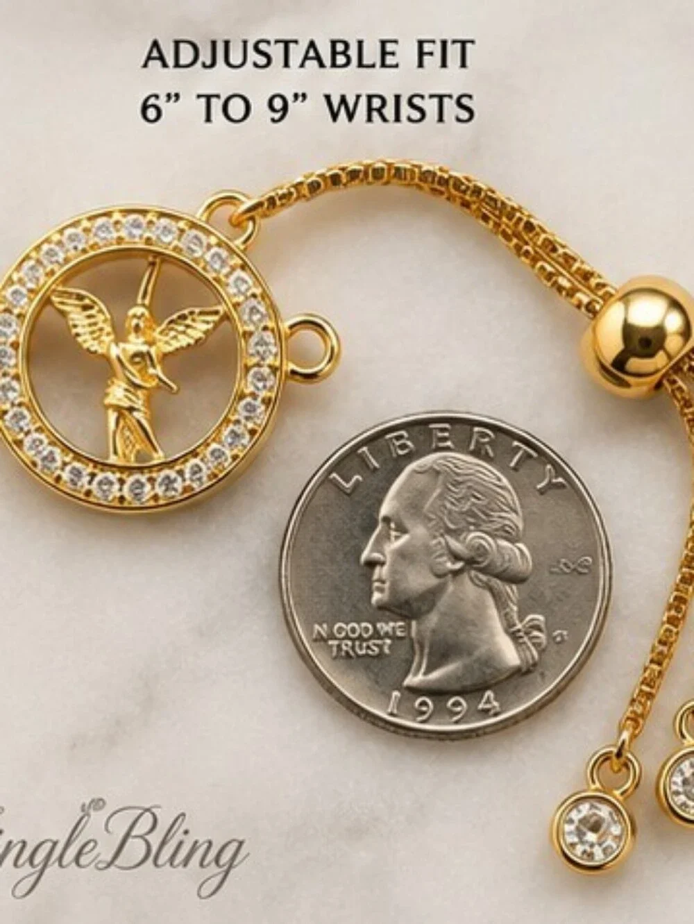 NOS 18K Gold Stainless Guardian Angel CZ Bolo Bracelet Adjustable